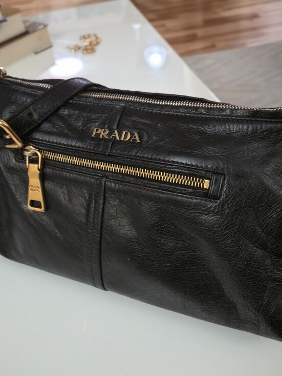 Prada Handbags - PRADA Dark Blue/Black Leather Shoulder Bag with Gold Hardware